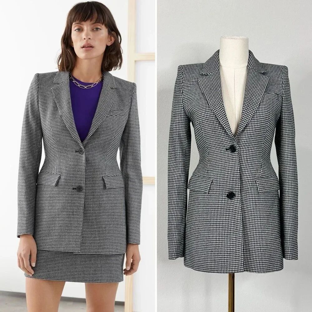 NWT & Other Stories Paris Wool Hourglass Houndstooth Blazer 2 Academia Career
